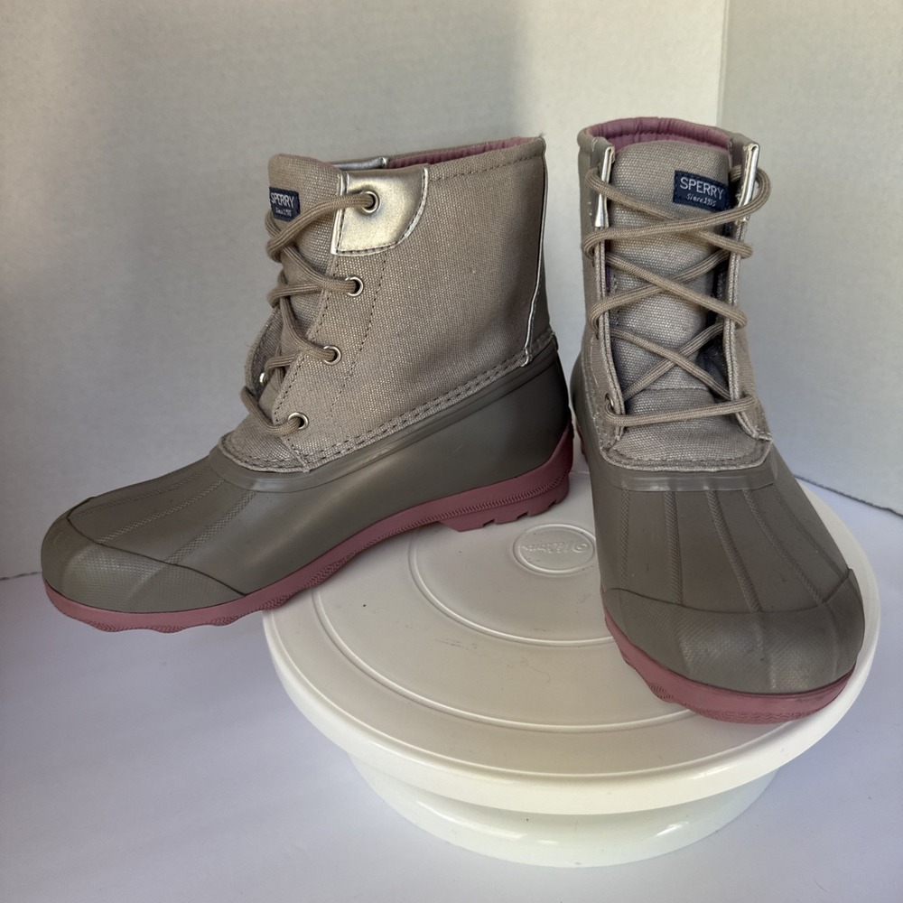 SPERRY Kids Port Duck Boots Girls 5M Grey Pink Water Resistant Weather Rain Snow